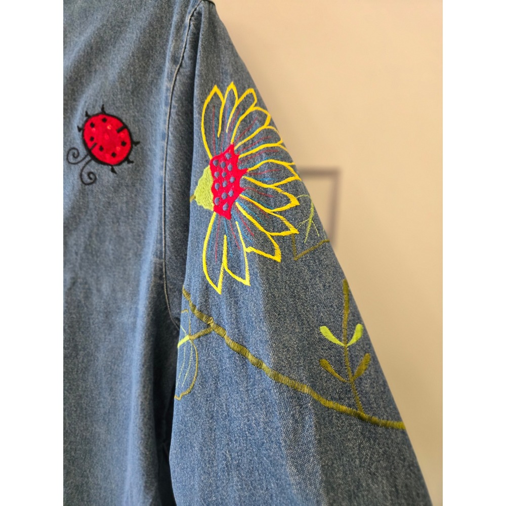 Vintage Embroidered Sunflower Ladybug Denim Jacket Blue Large L Cotton Pockets - Picture 8 of 16